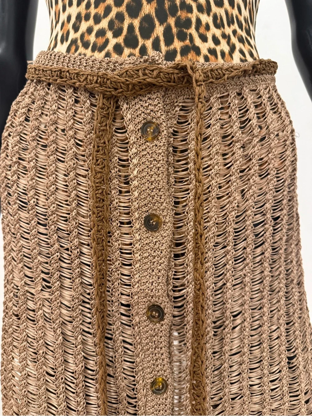 Solid & Striped Crochet Knit Beach Cover Up Skirt Raffia Look Button Front Tie S